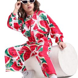 Ollington St.Knit Full Sleeves Winter Wear Watermelon Printed Mandarin Collared Sweatshirt & Track Pant Set - Red & White-19