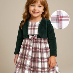 Babyhug Woven Full Sleeves Jacket & Checkered Frock with Bow Applique - White Red & Black-image-90