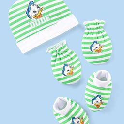 Babyhug Disney Interlock Knit Striped Cap Mittens & Booties Set with Donald Duck Graphics - Light Green & White-image-18