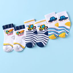 Doodle Poodle Cotton Knit Ankle Length Socks Stripe & Car Design Pack of 3 - White Black & Blue-image-19