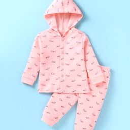Tango Fleece Knit Full Sleeves Hooded Front Open Winter Night Suit With Animals Print - Pink-image-99