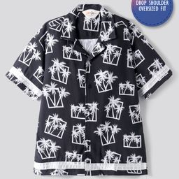 Primo Gino Rayon Woven Half Sleeves Oversized Drop Shoulder Tropical Print Shirt - Black-image-98