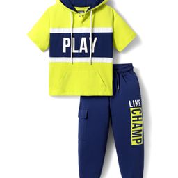 Pine Kids Cotton Knit Half Sleeves Hooded T-Shirt & Lounge Pant with Text Print - Navy Blue & Yellow-image-62