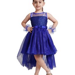 Kaku Fancy Dress Sleeveless Floral Applique Shimmered Dress With Wrsit Band & Hair Band - Blue-image-2