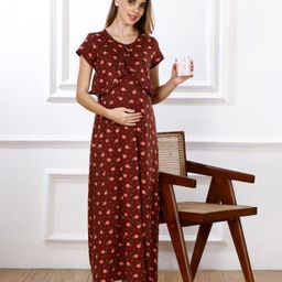 Bella Mama Cotton Knit Half Sleeves Floral Printed Maternity Nursing Nighty - Maroon-picture-10
