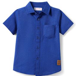 Kookie Kids Cotton Linen Woven Half Sleeves Slim Fit Solid Shirt with Badge - Navy Blue-image-96