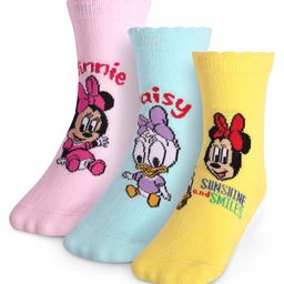 Cute Walk By Babyhug Disney Ankle Length Anti-Bacterial Socks With Minnie Mouse And Family Graphics Pack Of 3 - Pink Light Blue & Yellow-image-56