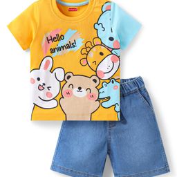 Babyhug Knitted Half Sleeves Animal Printed T-Shirt & Denim Shorts Set - Yellow & Blue-image-23
