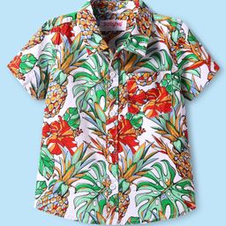 Babyhug Cotton Knit Half Sleeves Shirt with Floral Print - Green & White-image-127