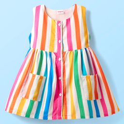 Babyhug Cotton Woven Sleeveless Front Open Frock With Stripes & Pockets - Multicolour-image-44