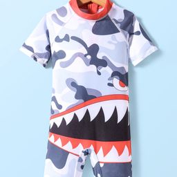 KIDLINGSS Half Sleeves Shark Printed Legged Swimsuit - White & Black-image-97