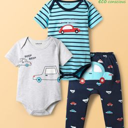Babyoye 100% Cotton Knit Half Sleeves Striped & Car Printed Onesies With Leggings - Light Blue & Grey-image-78