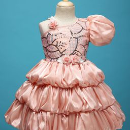 Enfance Sleeveless Floral Applique Detailed Sequin Embellished Layered Knee Length Dress - Peach-image-23