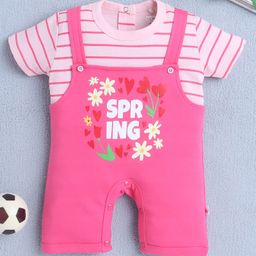 BUMZEE Cotton Half Sleeves Floral Printed & Striped Romper - Pink-image-68