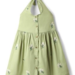 Babyhug Cotton Woven Sleeveless Halter Neck Frock with Floral Embroidery - Green-image-70