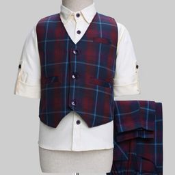 Rikidoos Full Sleeves Checked 3 Piece Party Suit Set - Cream & Maroon-image-95