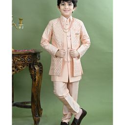 BT DEZINES Silk Blend Woven Solid Sherwani & Pant With Full Sleeves Sequins Embelished Jacket & Necklace Set - Peach-image-65