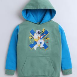 BUMZEE Looper Knit Full Sleeves Astronaut Printed Hooded Sweatshirt With Kangaroo Pockets - Green & Blue-image-17