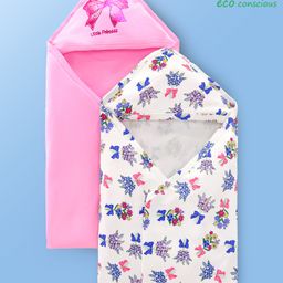 Babyoye 100% Cotton Knit Towels With Bow & Floral Print Pack Of 2 L 88 x B 85 cm - Pink & White-image-21