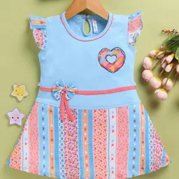 TOONYPORT Cotton Knit Cap Sleeves Hearts Printed Bow Applique Detailed Dress - Blue-picture-30
