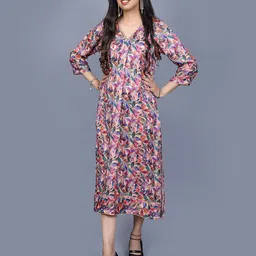 Mishy Women Floral Printed Slits Details V-Neck A-Line Midi Dress-image-53