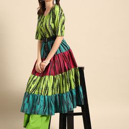 Sangria Women Green Dyed Tiered Kurta with Palazzos-image-74