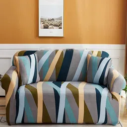 HOUSE OF QUIRK Three Seater Grey Melange & Blue Solid Polyester Sofa Cover With Arms-image-68