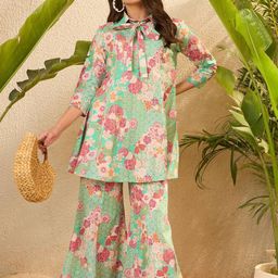 IMANA Floral Printed Pure Cotton Shirt Collared Tunic With Palazzos Co-Ords-image-47