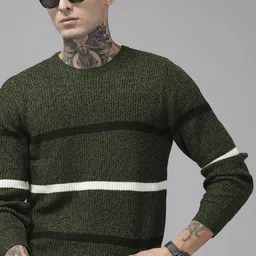 The Roadster Lifestyle Co. Men Olive Green & Black Striped Acrylic Pullover-image-45