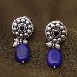 JAYPORE Silver-Plated Artificial Stones Studded & Beads Circular Oxidised Drop Earrings-14