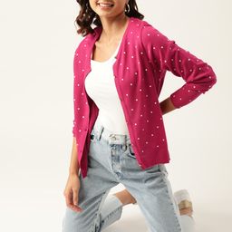 DressBerry Women Pink & White Printed Front-Open Sweater-0