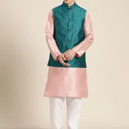SOJANYA Men Pink  & Beige Striped Thread Work Straight Kurta Churidar Nehru Jacket-image-37