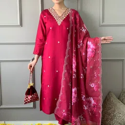 ODETTE Floral Embroidered Sequinned Straight Kurta with Trousers & Dupatta-image-38