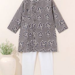 Babyhug Full Sleeves Cotton Kurta & Pyjama Set Printed- Grey-image-2