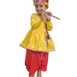 Aglare Janmashtami Theme Full Sleeves Full Sleeves Foil Striped & Gota Lace Embellished Readymade Kedia Set - Red & Yellow-image-18