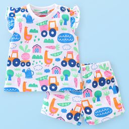 Babyhug Single Jersey Knit Half Sleeves Night Suit Car Print - White-image-23
