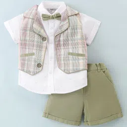 ToffyHouse Half Sleeves Shirt & Shorts Set with Bow Tie & Yarn Dyed Checked Waist Coat -Green-picture-11