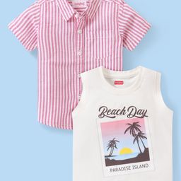 Babyhug Cotton Woven Half Sleeves   Striped Shirt with Sleeveless T-Shirt Tropical Print - Pink-image-16