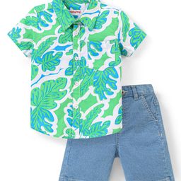 Babyhug Cotton Woven Half Sleeves Tropical Printed Shirt & Denim Shorts Set - Green & Blue-image-27