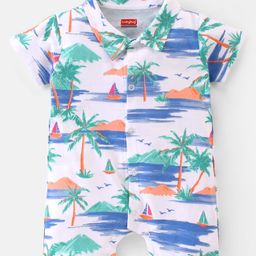 Babyhug 100% Cotton Knit Half Sleeves Romper With Beach Theme Print - White & Blue-image-65