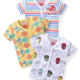 Babyhug Marvel Interlock Cotton Knit Half Sleeves Front Open Jhablas with Stripes & Avengers Graphics Pack of 3 - White & Yellow-image-72