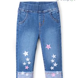 Babyoye Cotton Woven Jeans With Solid Colour & Star Embroidery - Blue-image-34