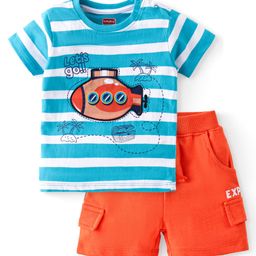 Babyhug Cotton Knit Half Sleeves T-Shirt & Shorts Set With Submarine Print - Blue & Orange-image-59