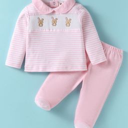 ToffyHouse Interlock Knit Full Sleeves Top & Footed Lounge Pant Set With Bunny Embroidery & Peter Pan Collar - Pink-picture-13