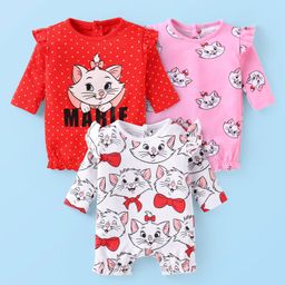 Babyhug Disney Interlock Knit Full Sleeves Rompers with Frill Detailing &Aristocats Marie Graphics Pack of 3 - Pink Red & White-image-57