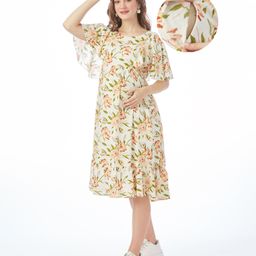 Bella Mama Woven Half Flutter Sleeves Floral Printed Maternity Dress - White Green & Brown-picture-11