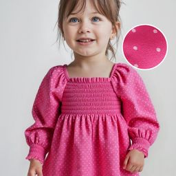 Babyhug Rayon Woven Full Sleeves Top with Polka Dot Print & Smocked Detailing - Dark Pink-image-30