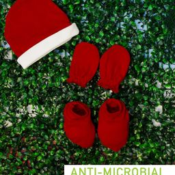 COCOON ORGANICS Cotton Anti Microbial Solid Cap Mitten & Booties Set - Red & White-image-67