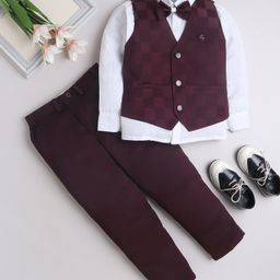 Fourfolds Cotton Blend Full Sleeves Solid Shirt Trouser With Cheked Waistcoat & Bow Set - Wine-image-80