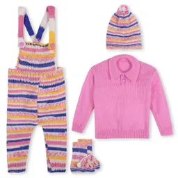 Windrop Solutions Full Sleeves Solid Crocheted Sweater With Coordinating Striped Dungaree Cap & Booties Set - Pink-picture-22
